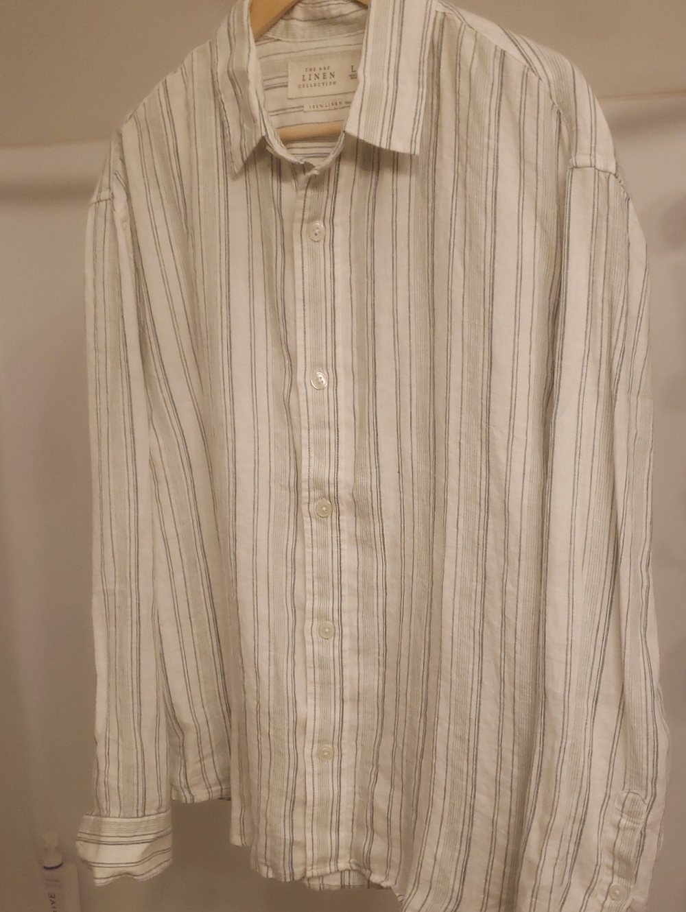 Abercrombie & Fitch White Linen Button-Down Shirt with Green Stripes